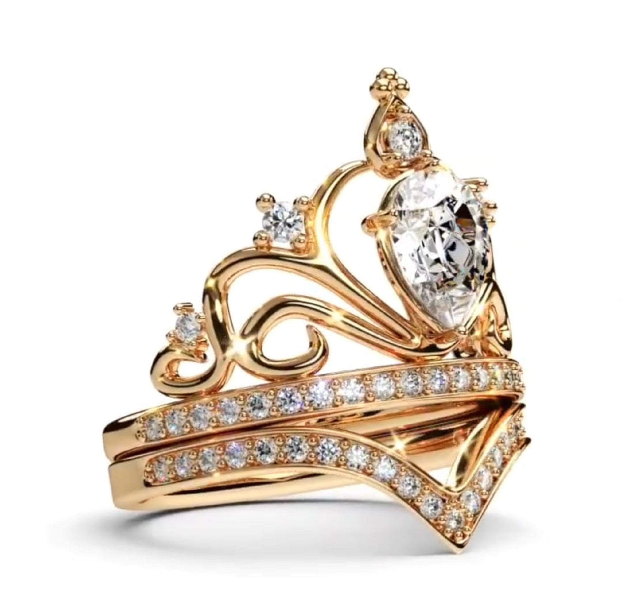 Alternate side-angle view showing the pear-cut center stone held in an ornate crown basket with matching pavé band.