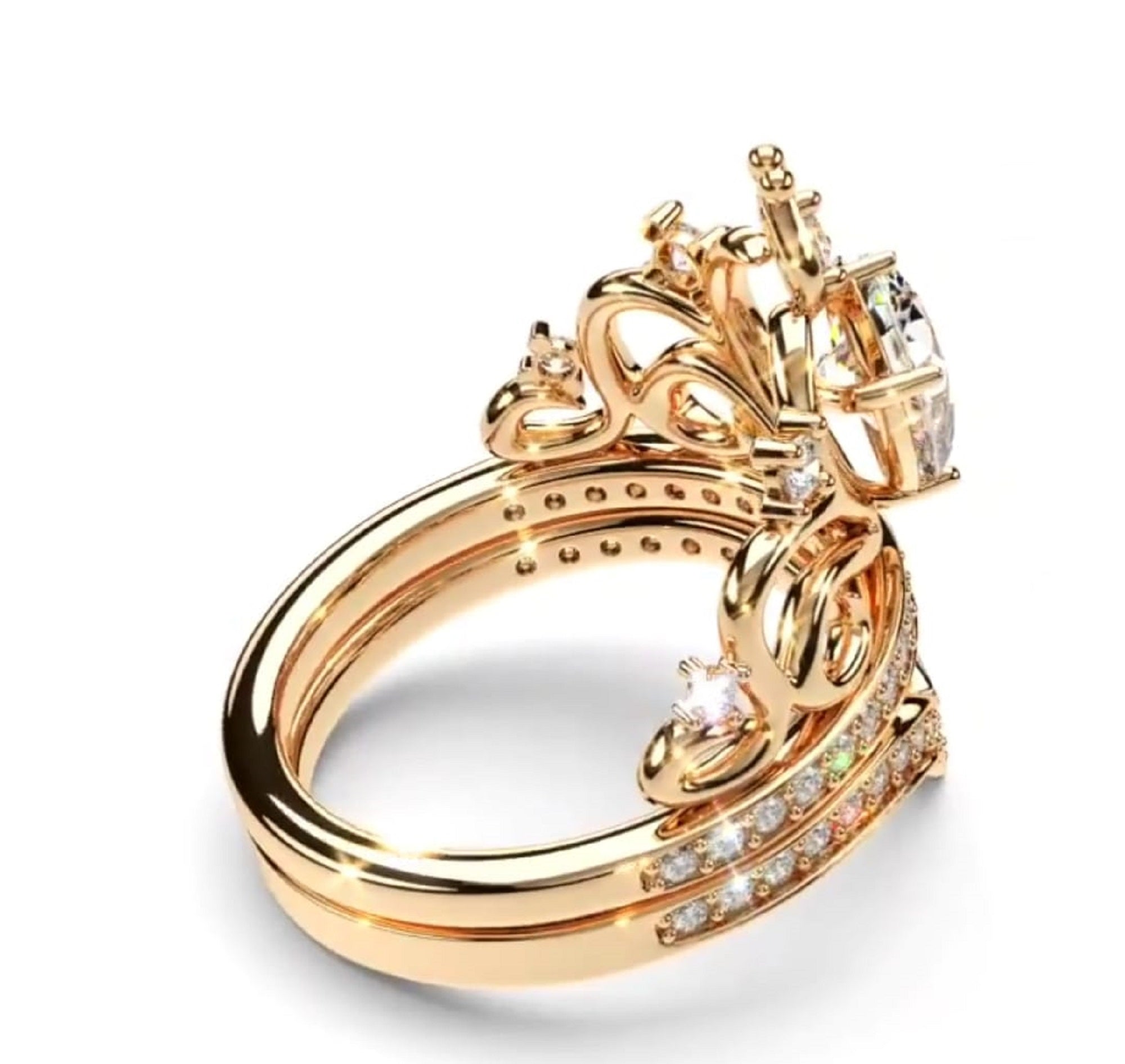 Underneath angled view displaying the dual-ring band fit and filigree tiara craftsmanship.