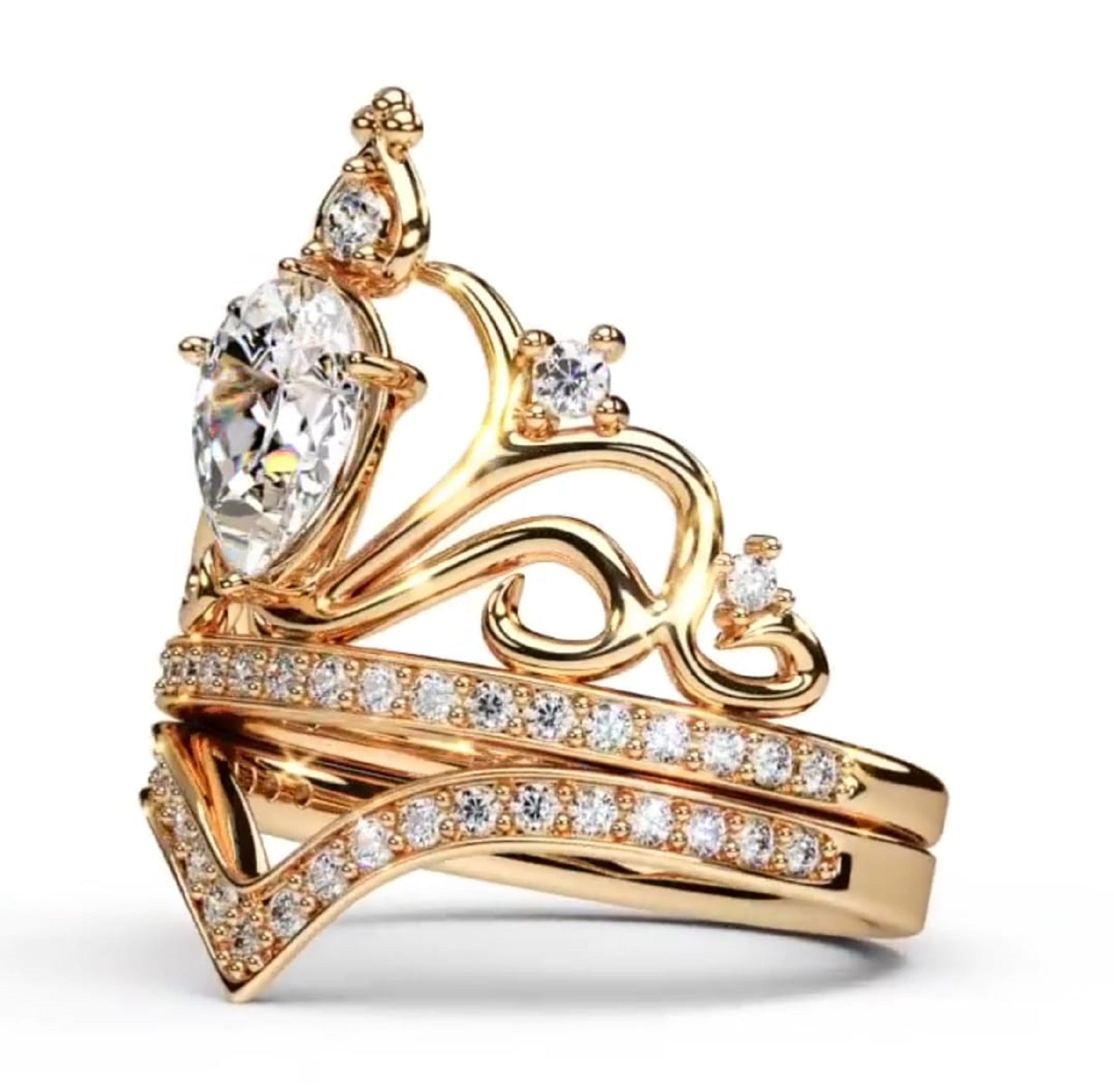 Right-side profile view highlighting the teardrop pear diamond setting and stacked diamond-encrusted bands.