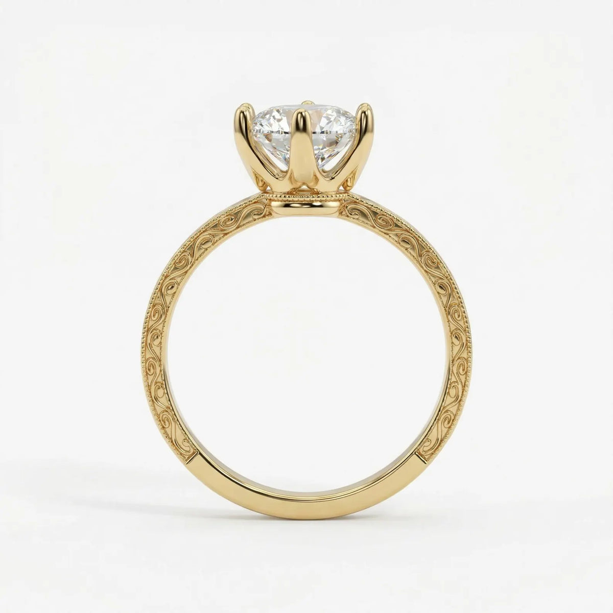 Side profile view of a yellow gold 4 CT marquise lab grown diamond ring with 6-prong crown basket and scrollwork band.