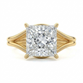 Top-down view of a 3 CT princess cut lab grown diamond ring with open split shank band in yellow gold.