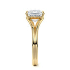 Head-on profile view of a yellow gold 3 CT princess cut lab grown diamond engagement ring showing split band construction.