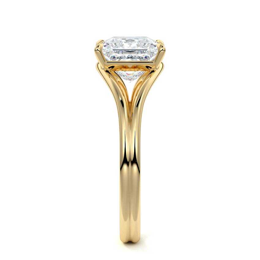 Head-on profile view of a yellow gold 3 CT princess cut lab grown diamond engagement ring showing split band construction.