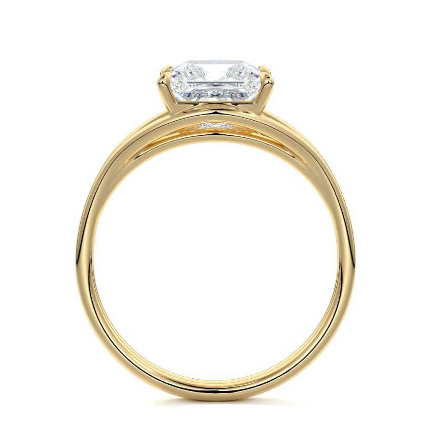 Direct side profile view of a 3 carat princess cut lab diamond split shank solitaire ring in yellow gold.