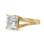 Elevated angled view of a 3 CT princess cut lab grown diamond split shank engagement ring.