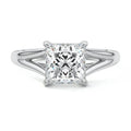 Top-down view of a 2 CT princess cut lab grown diamond split shank engagement ring in white gold.