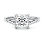 Top-down view of a 2 CT princess cut lab grown diamond split shank engagement ring in white gold.