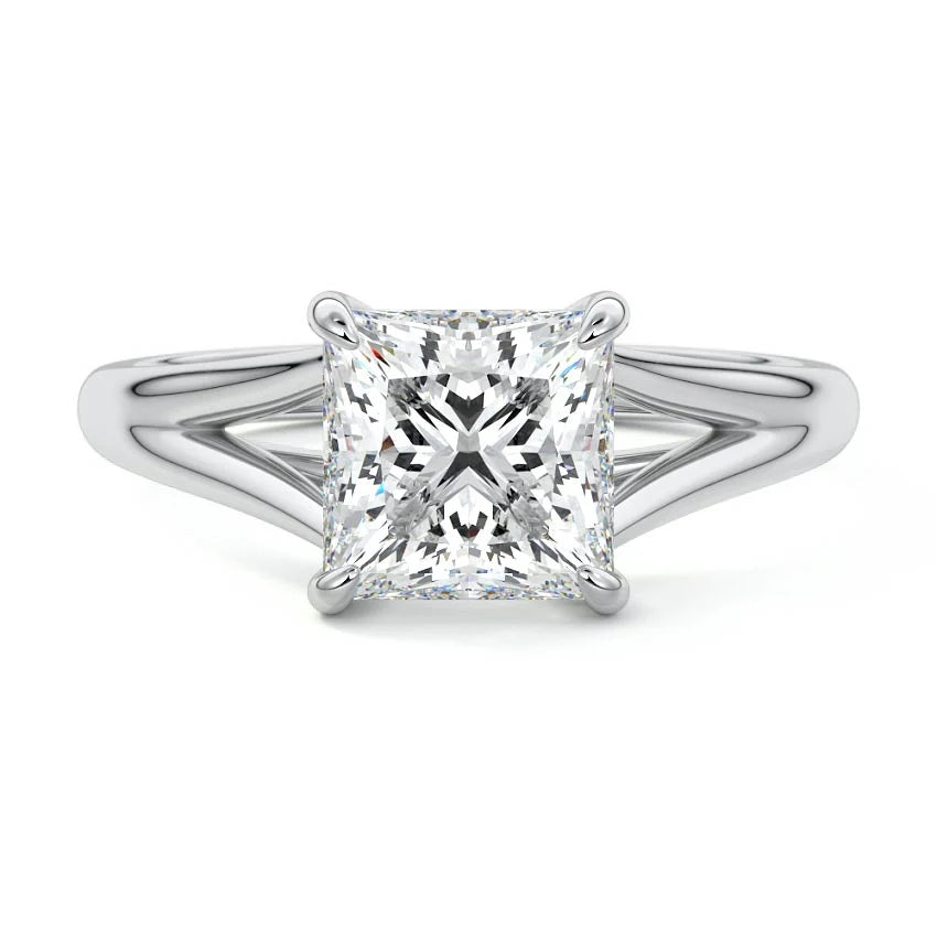 Top-down view of a 2 CT princess cut lab grown diamond split shank engagement ring in white gold.