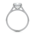 Direct side profile view of a 2 carat princess cut lab diamond ring with cathedral split shank setting in white gold.