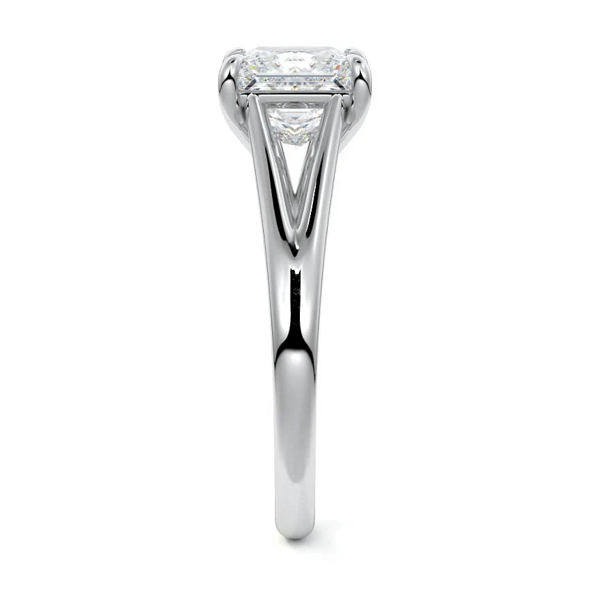 Head-on profile view showing the split strand shank architecture of a 2 CT princess cut lab diamond ring.