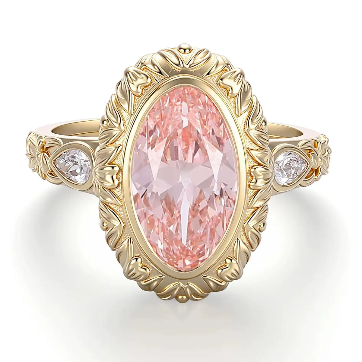Direct top-down view displaying a 4 CT blush pink oval lab diamond with carved petal halo and pear side stones