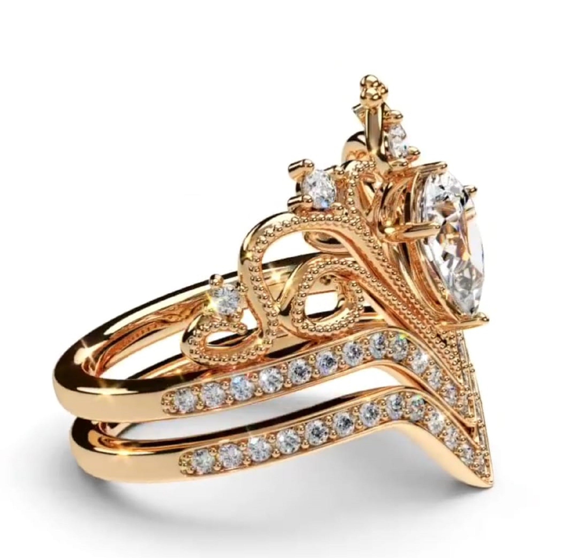 Left side profile view of the yellow gold 2 CT crown tiara diamond ring set showing filigree scrollwork and chevron pavé band.
