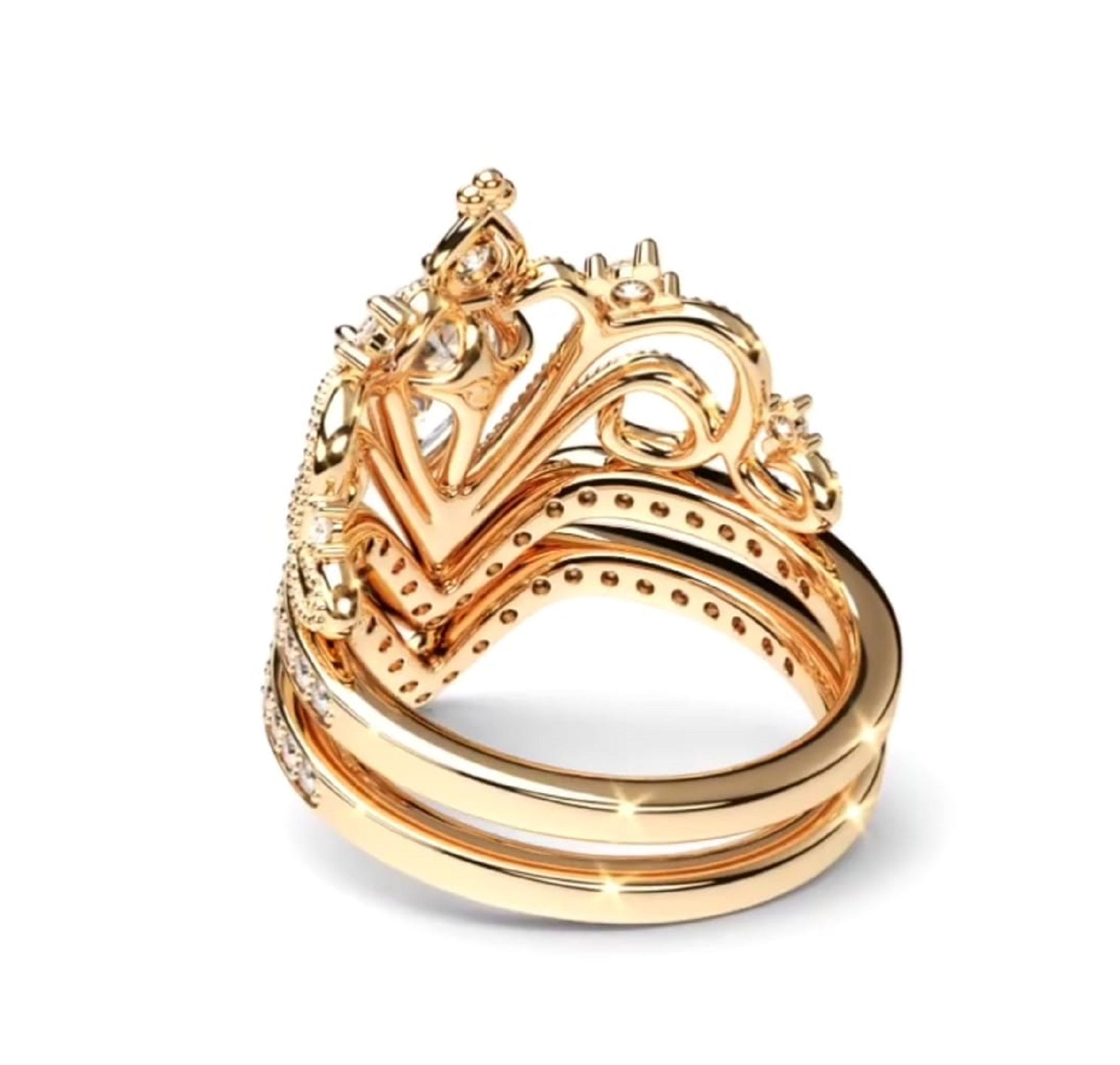 Top-back perspective showing the stacked gold bands, inner ring construction, and tiara peak contour.