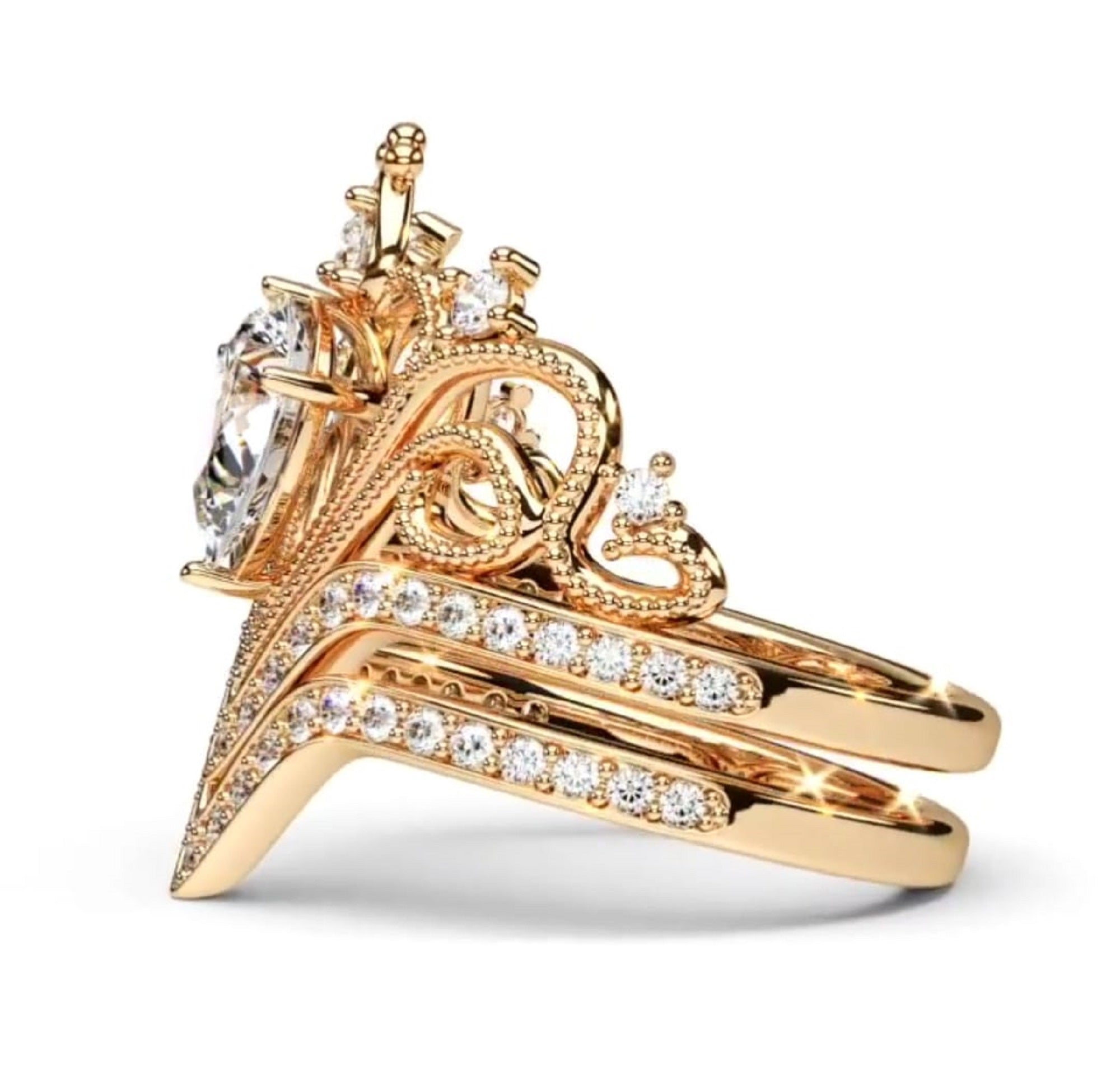 Right side profile view highlighting the intricate filigree arches, milgrain edging, and double chevron diamond band alignment.