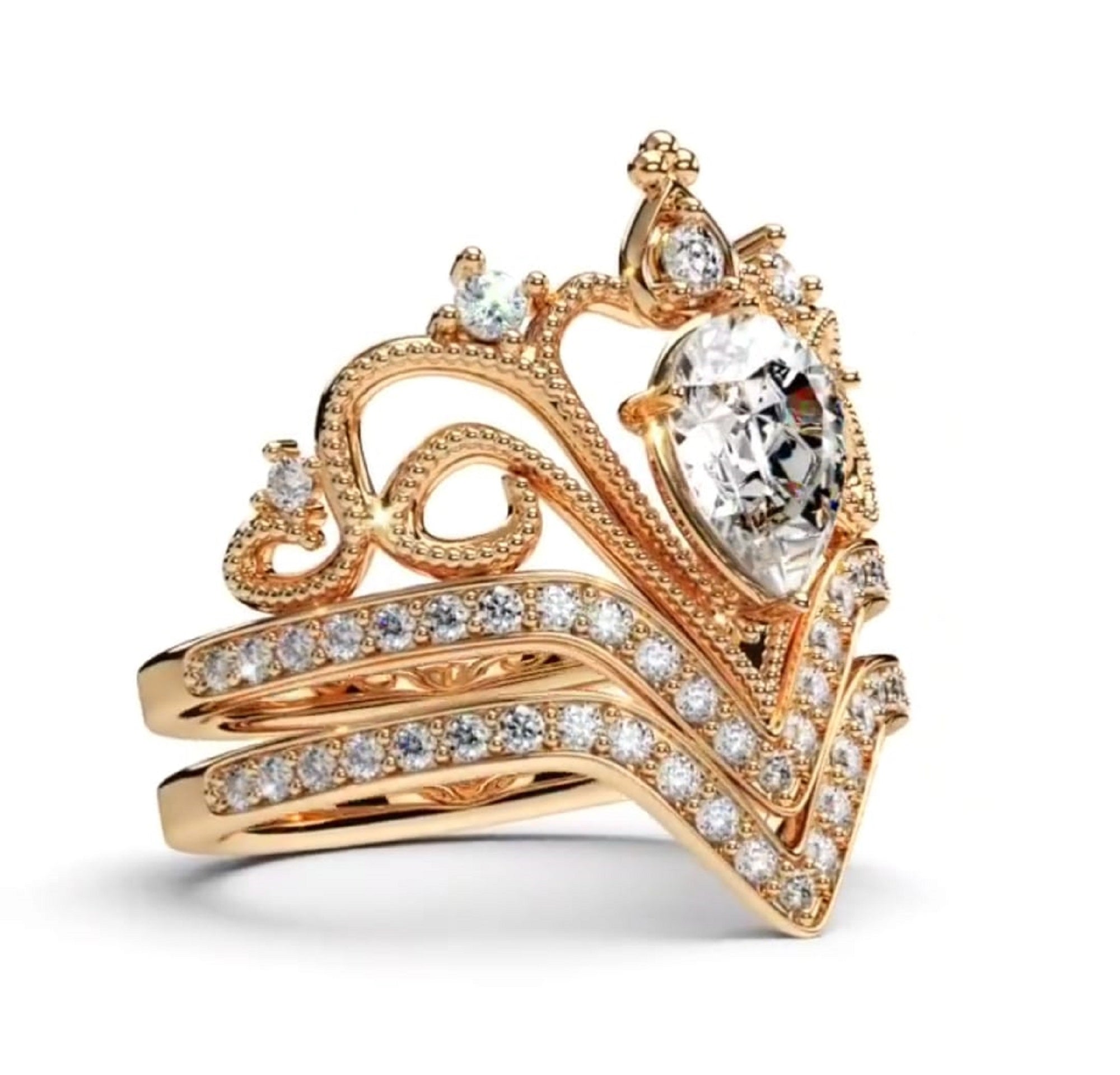 Angled front view displaying the 2 CT lab grown diamond set in an ornate royal crown tiara ring with matching pavé band.