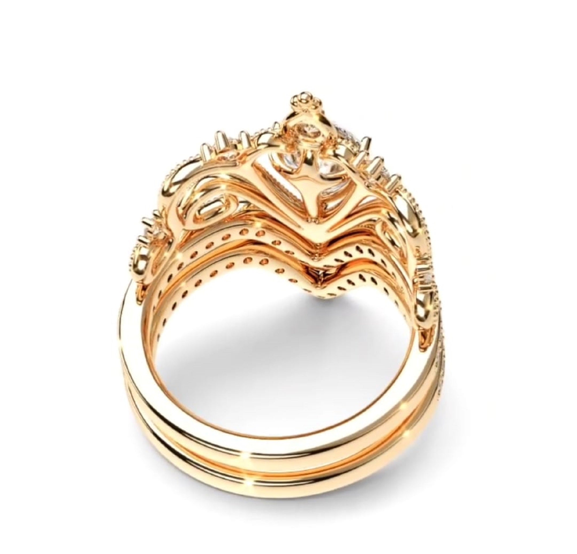 Rear bottom perspective illustrating the smooth dual yellow gold bands and under-gallery tiara craftsmanship.