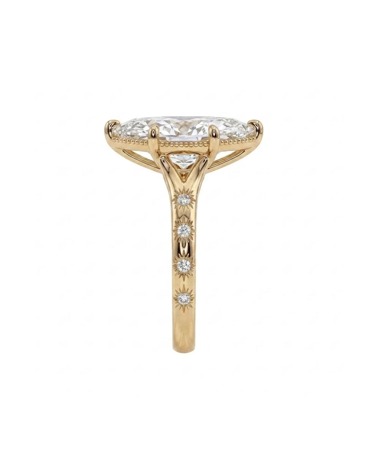 Side profile view of a 4 CT marquise cut lab diamond engagement ring showing starburst engraved band and milgrain basket rim.