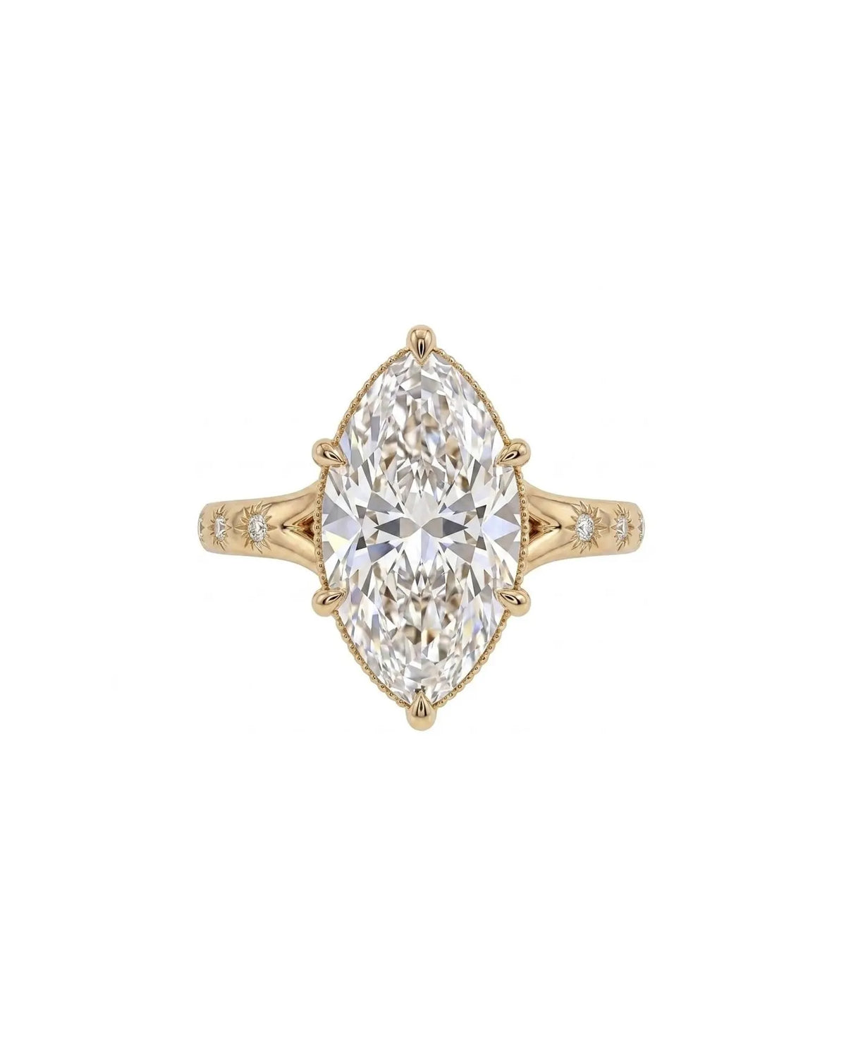 Top-down view of a 4 CT marquise cut lab grown diamond ring with star-set accent diamonds on yellow gold band.