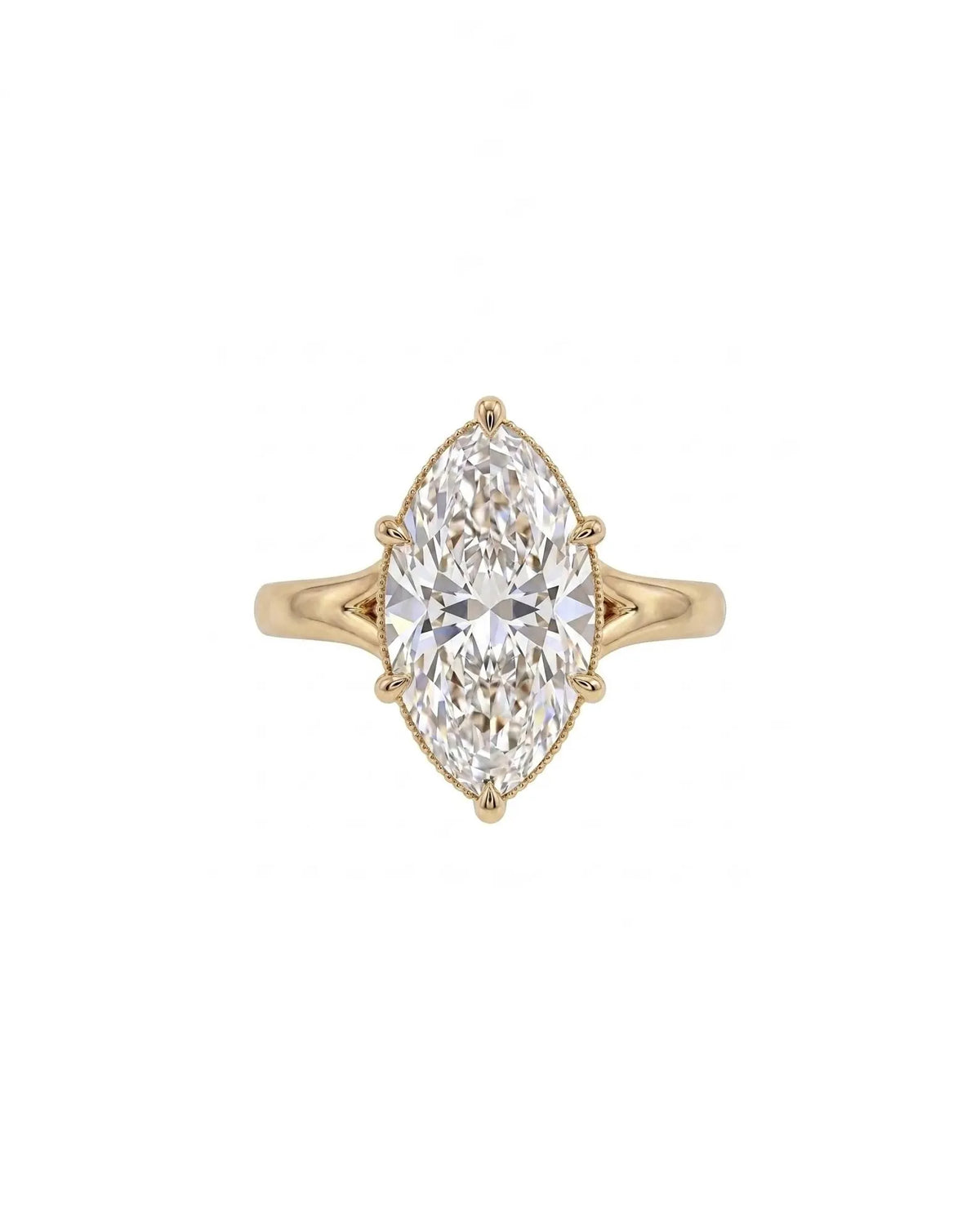 Direct top-down view of a 4 CT marquise cut lab grown diamond solitaire engagement ring on a plain yellow gold band.