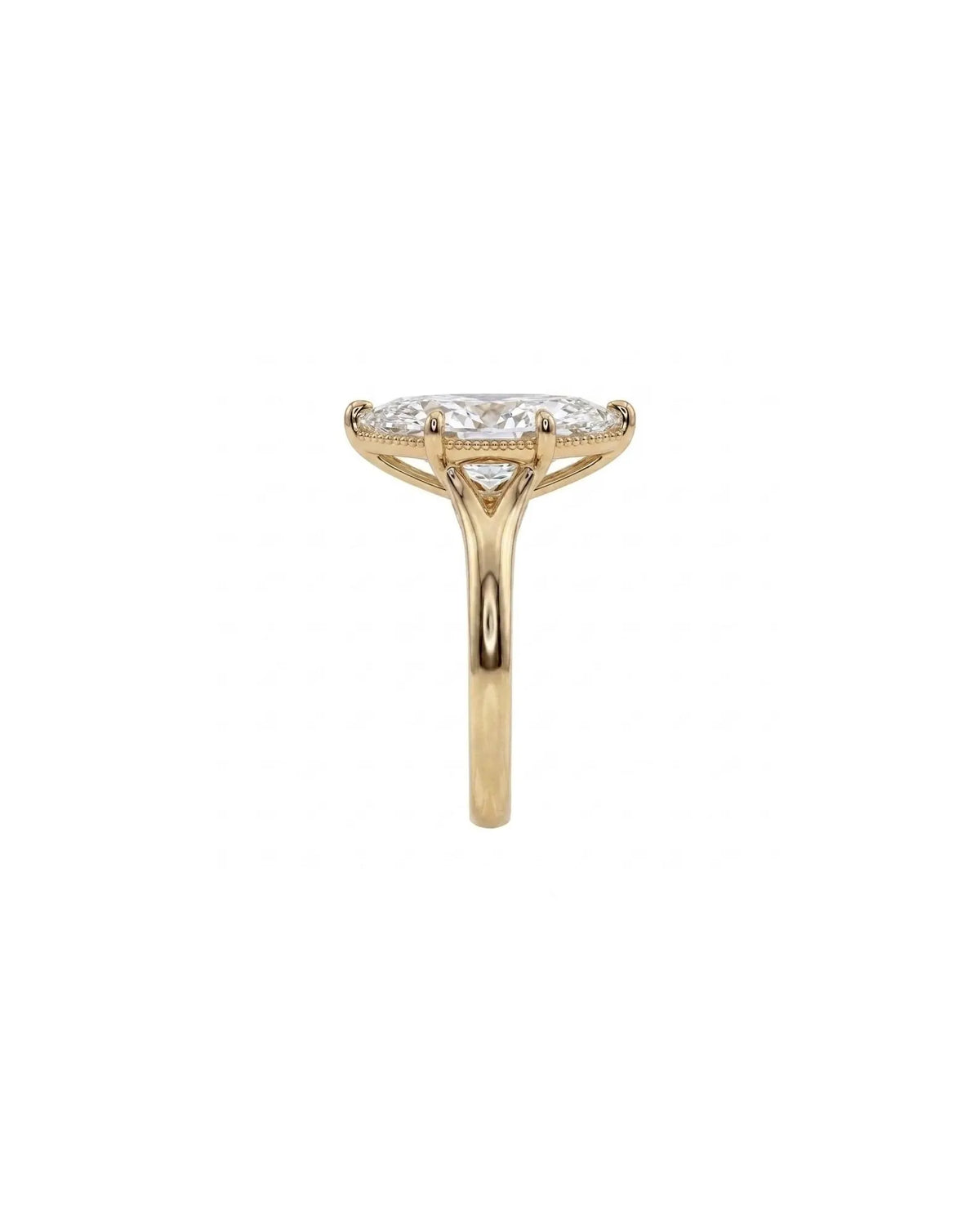Side profile view showing smooth yellow gold band and fine milgrain gallery rim on a 4 CT marquise lab diamond ring.