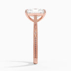 Side profile view of a 3 CT radiant cut lab diamond engagement ring showing hand-engraved scrollwork on a rose gold band.
