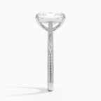Side profile view of a 3 CT radiant cut lab diamond ring with carved scrollwork and milgrain borders in white gold.