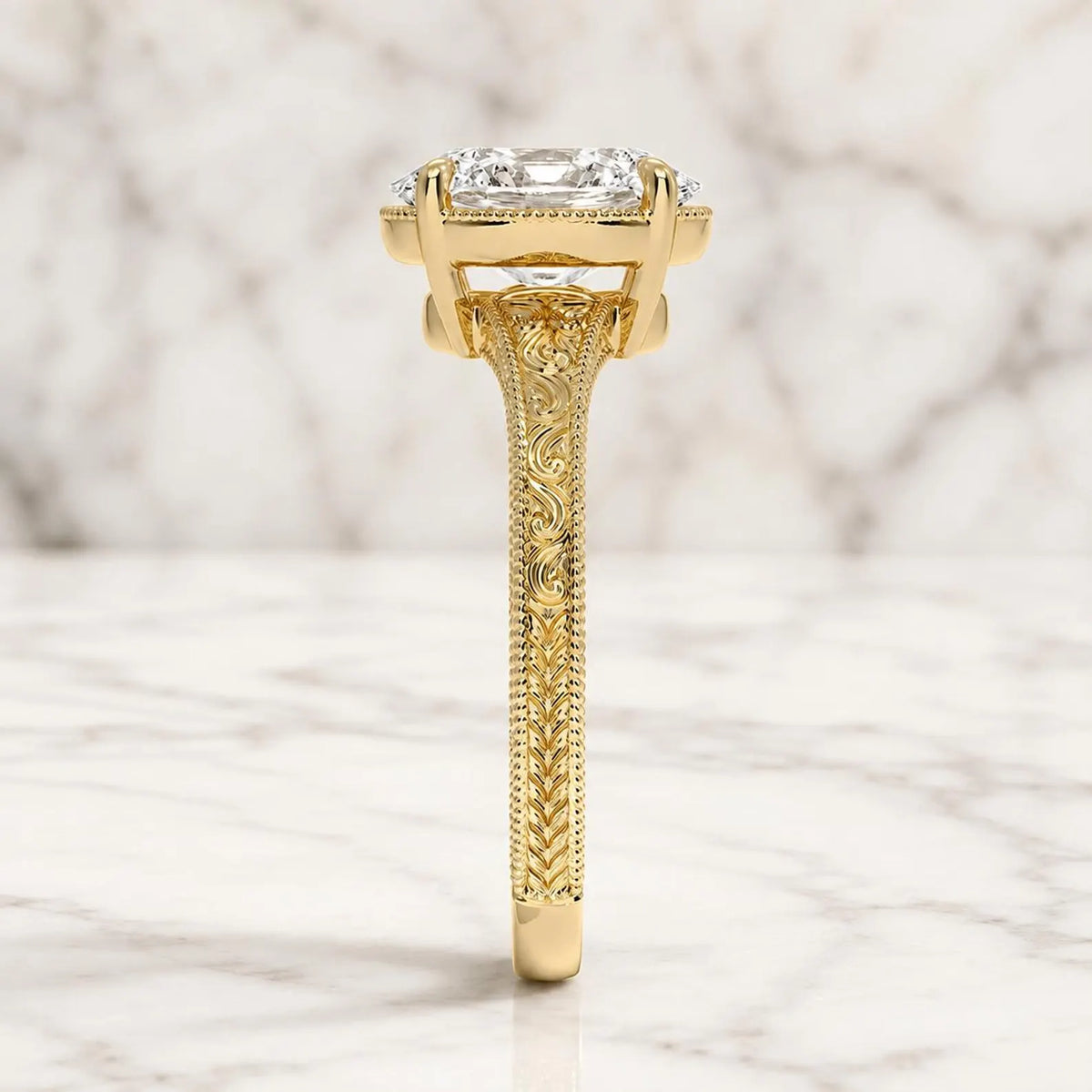 Side profile view of a 3 CT oval lab grown diamond engagement ring featuring intricate scrollwork and milgrain on a yellow gold band.