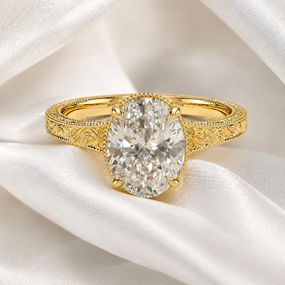3 CT oval cut lab grown diamond engagement ring in yellow gold presented on white silk background.