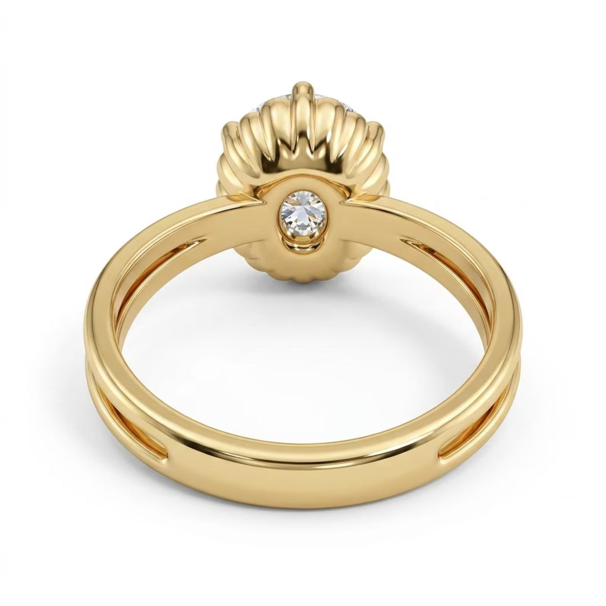 Underside view of a 3 CT oval lab diamond engagement ring in yellow gold showing the scalloped basket and hidden accent diamond.