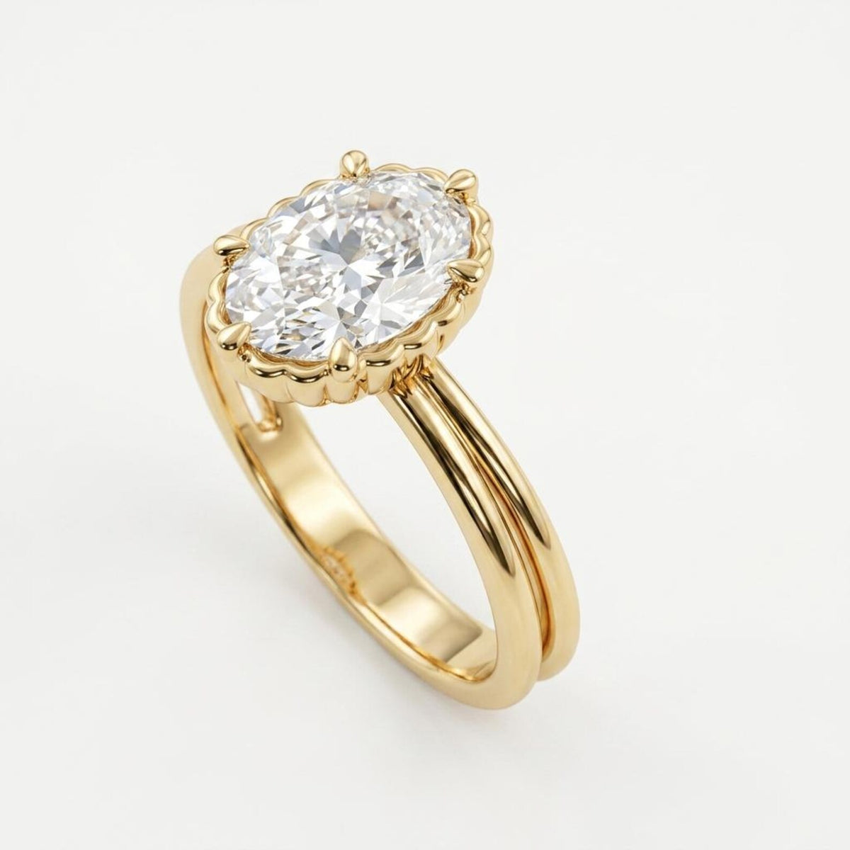 Angled view showcasing a 3 CT oval cut lab grown diamond set on a yellow gold double-wire band with a scalloped crown basket.