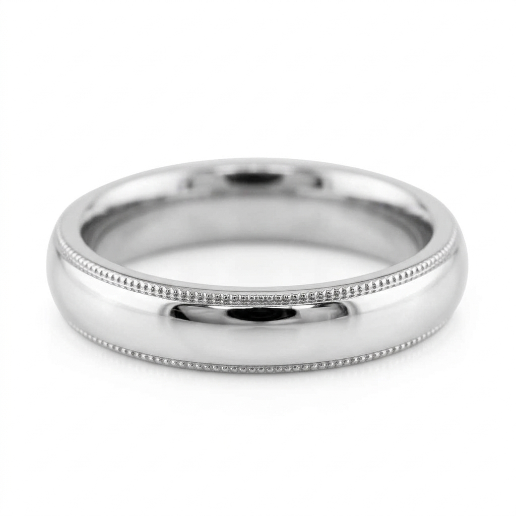 Studio product shot of a men's platinum milgrain edge wedding ring isolated on a clean white background
