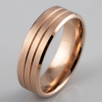 Angled studio profile view of a men's rose gold wedding band featuring a satin brushed finish, double accent grooves, and polished beveled edges.