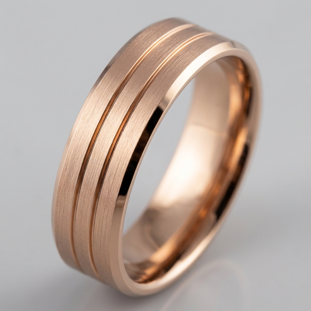Angled studio profile view of a men's rose gold wedding band featuring a satin brushed finish, double accent grooves, and polished beveled edges.