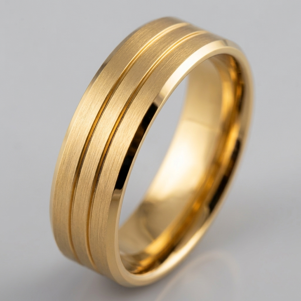 Studio product shot of a men's yellow gold wedding ring showcasing a matte brushed center surface, double parallel grooves, and glossy beveled borders