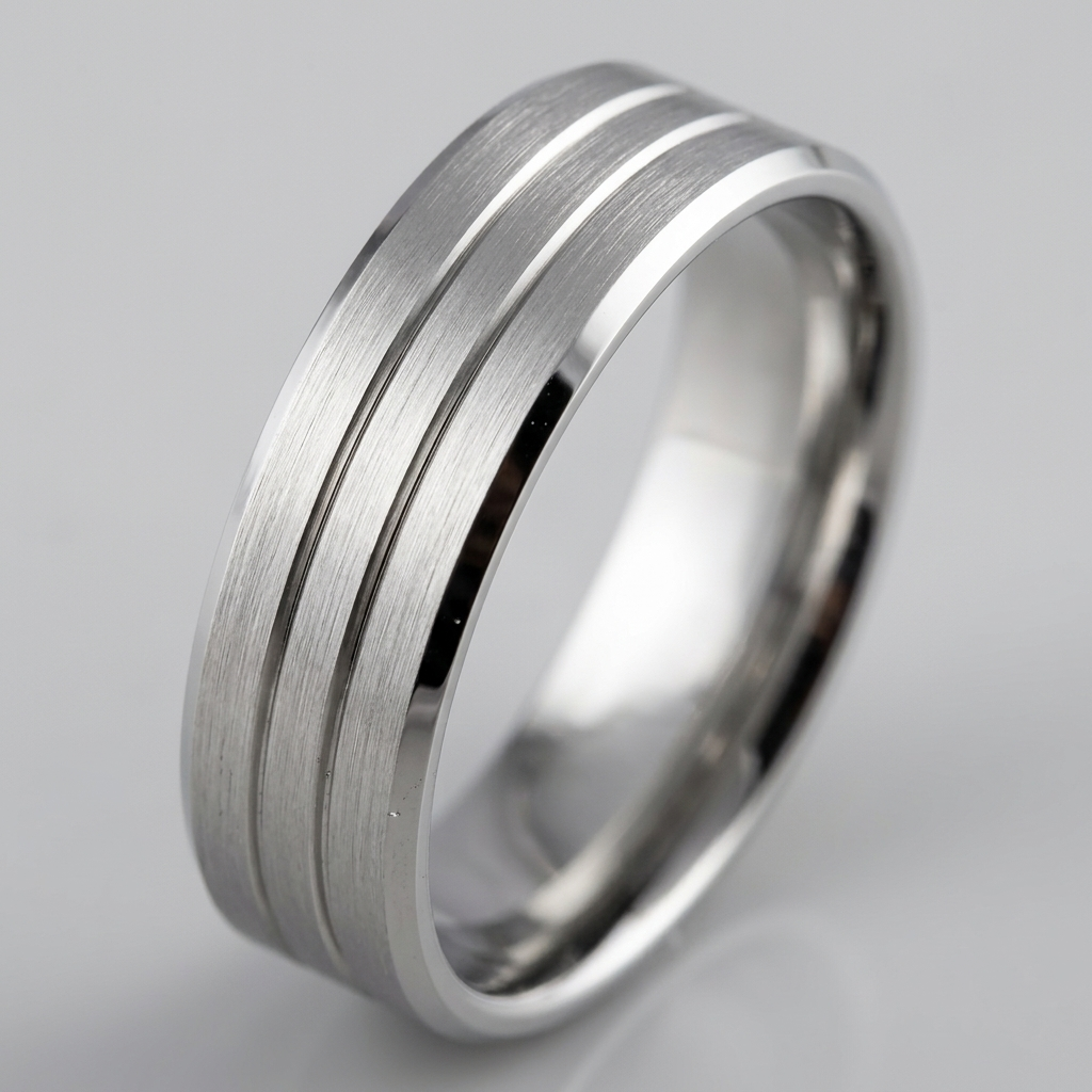 Close-up studio view of a men's white gold wedding band with double parallel channel grooves, a brushed center finish, and shiny beveled edges