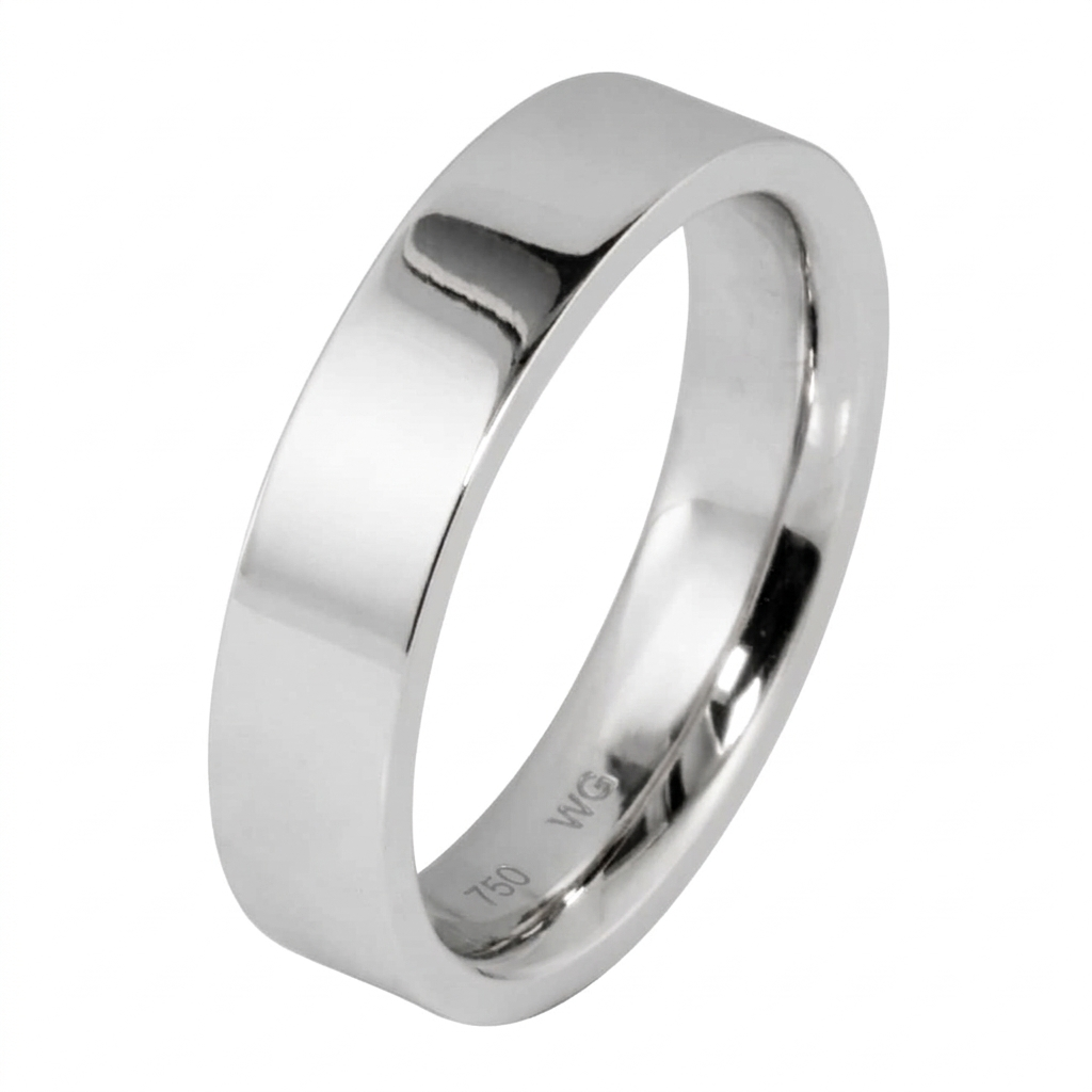Studio product shot of a men's white gold flat profile comfort fit wedding band with high-polish finish.