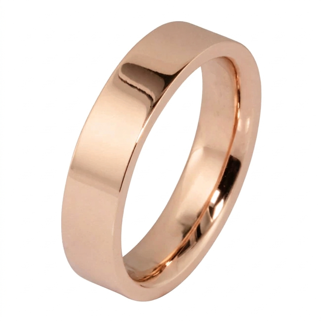 Studio product shot of a men's rose gold flat top wedding ring with a glossy polished surface