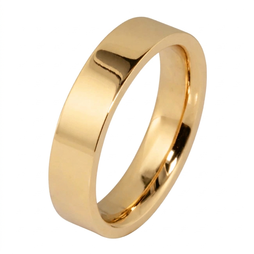 Studio product shot of a men's yellow gold flat profile comfort fit wedding band with a mirror finish
