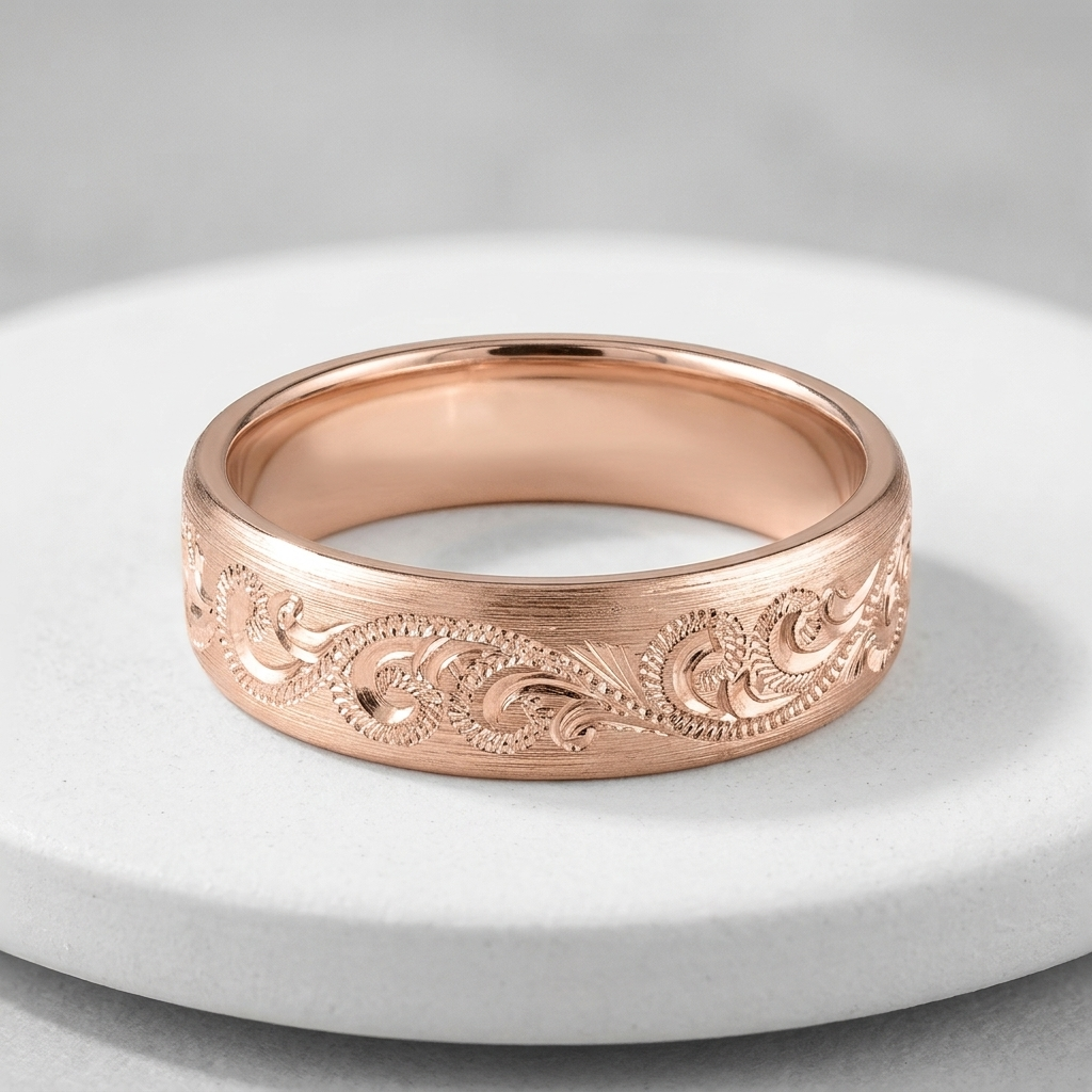 Studio shot of a men's carved scroll rose gold wedding band displayed on a white marble pedestal.   