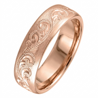 Angled studio view showing the polished inner comfort fit and detailed exterior scroll engraving of the rose gold band.