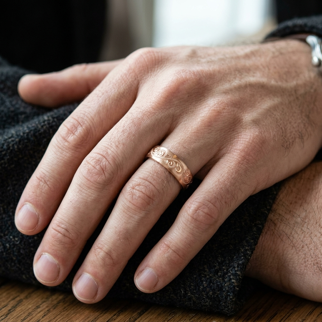Close-up of a man wearing the rose gold engraved scroll wedding band on his finger.