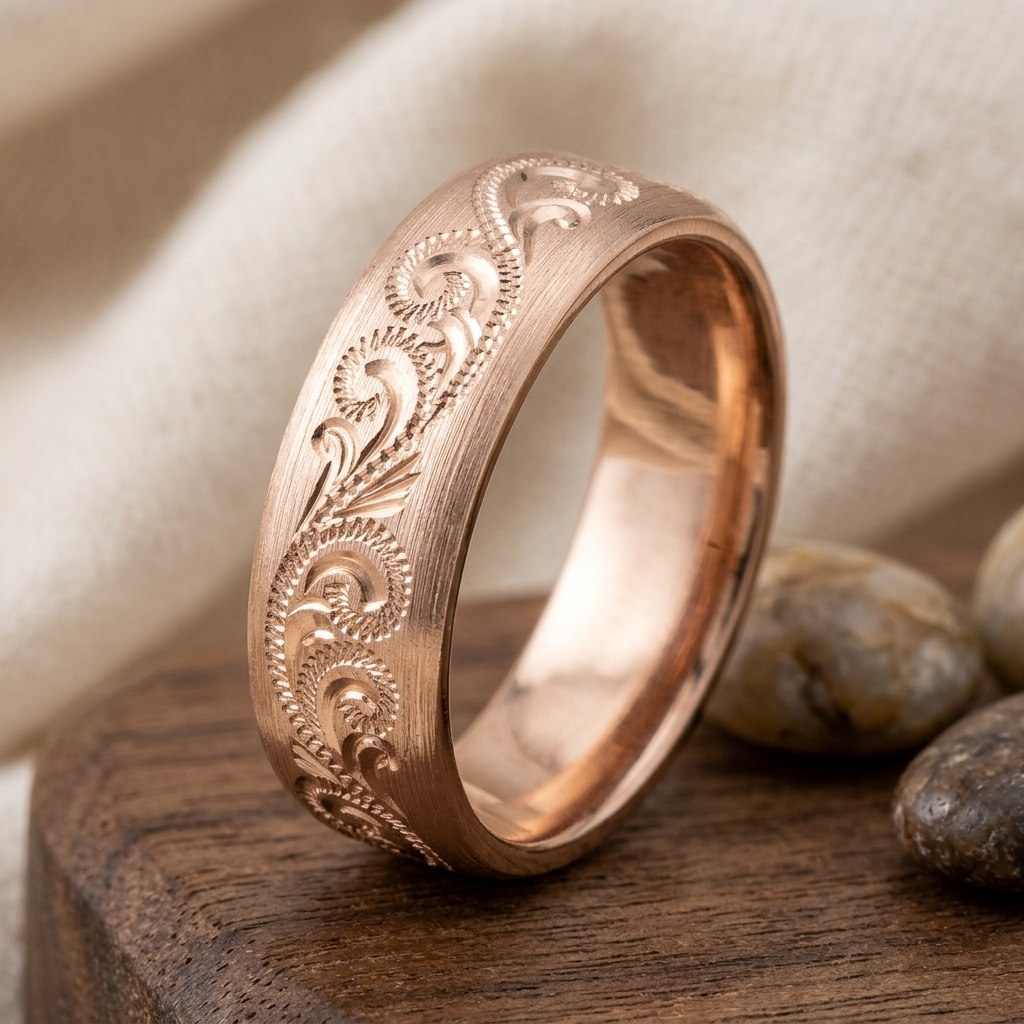 Macro detail shot of the handcrafted floral scroll motif on a rose gold men's wedding ring resting on wood.