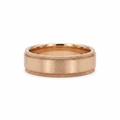 Front view of a men's rose gold flat wedding band with a brushed center and textured knurled edges