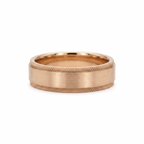 Front view of a men's rose gold flat wedding band with a brushed center and textured knurled edges