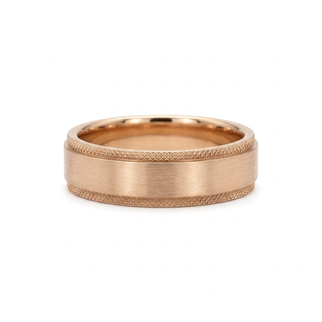 Front view of a men's rose gold flat wedding band with a brushed center and textured knurled edges
