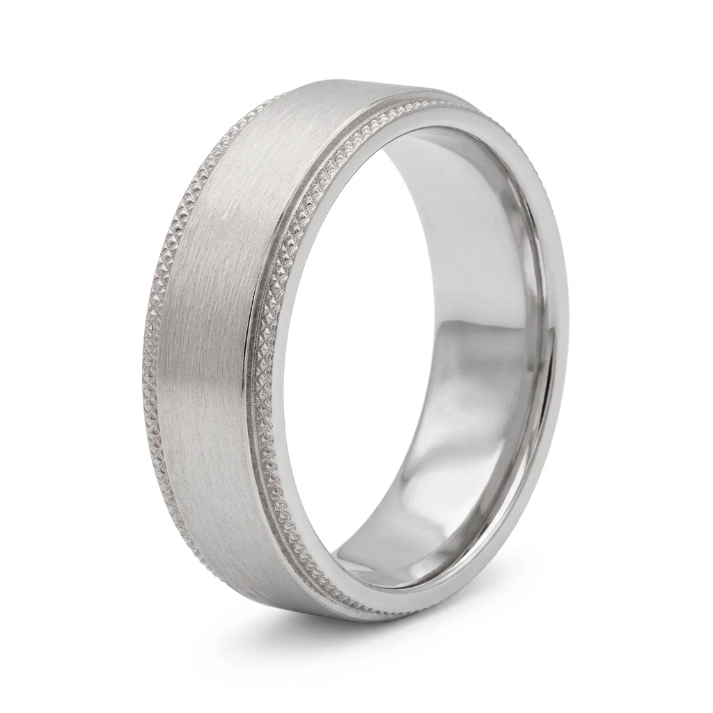 Studio shot of a men's white gold flat wedding ring featuring a brushed surface and textured borders.