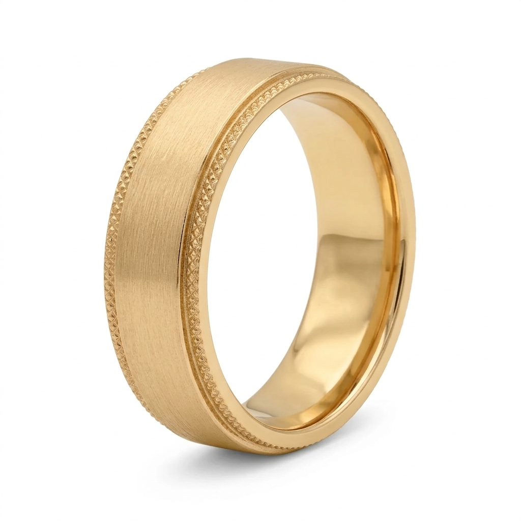 Angled studio view of a men's yellow gold wedding band with satin center and diamond-cut edges.