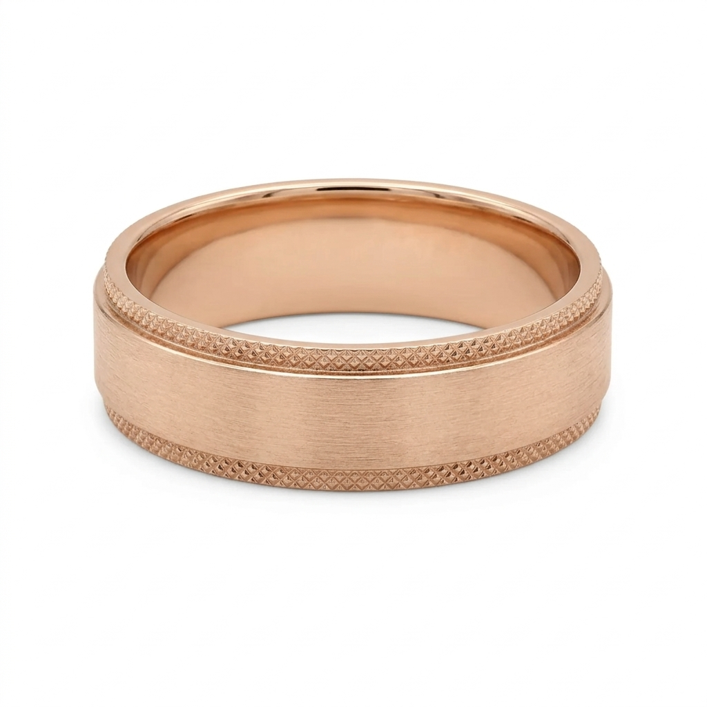 Front view of a men's rose gold textured wedding ring showing satin finish and knurled borders
