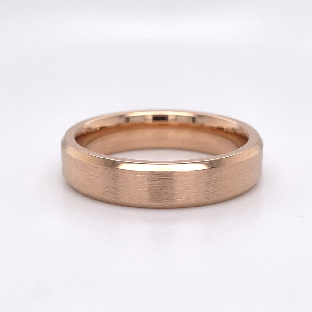 Front studio view of a men's rose gold wedding band showing satin top finish and chamfered edges.