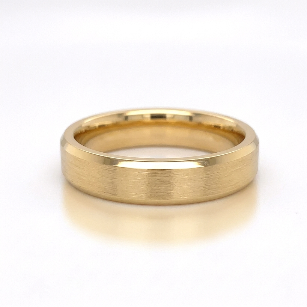 Front resting view of a men's yellow gold wedding band featuring brushed surface and polished borders.